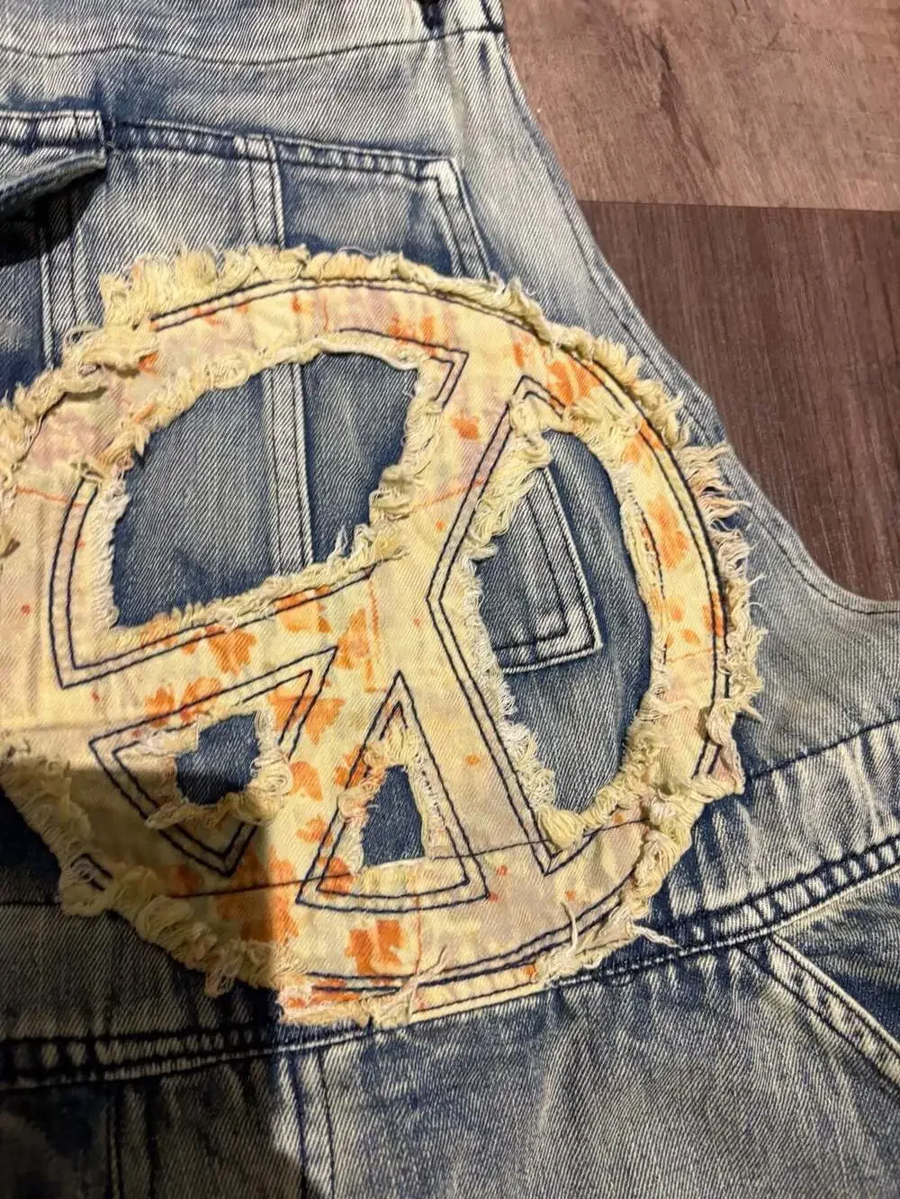 Blue Velvet Peace Patch & Floral Embroidered Denim Overalls - Picture 4 of 5